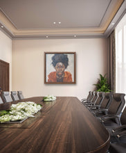 Load image into Gallery viewer, Board room mock up image of large oil painting of black woman with large afro hair great for wall decor of an African inspired interior. Painting is for sale.
