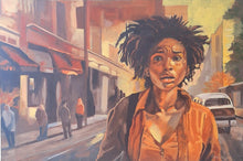 Load image into Gallery viewer, Strikingly beautiful original oil painting of a stressed woman standing in a street scene. Orange tones.
