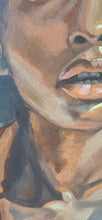 Load image into Gallery viewer, Another close up of strikingly beautiful original oil painting of a stressed woman standing in a street scene. Orange tones.
