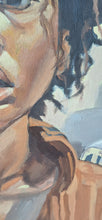 Load image into Gallery viewer, Close up of right side of face; strikingly beautiful original oil painting of a stressed woman standing in a street scene. Orange tones.
