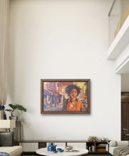 Load image into Gallery viewer, Mock up of strikingly beautiful original oil painting of a stressed woman standing in a street scene. Orange tones.
