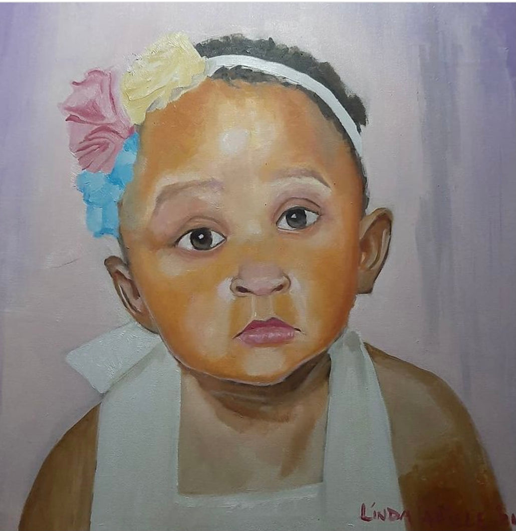 Beautiful oil painting of a black child with a hair band.